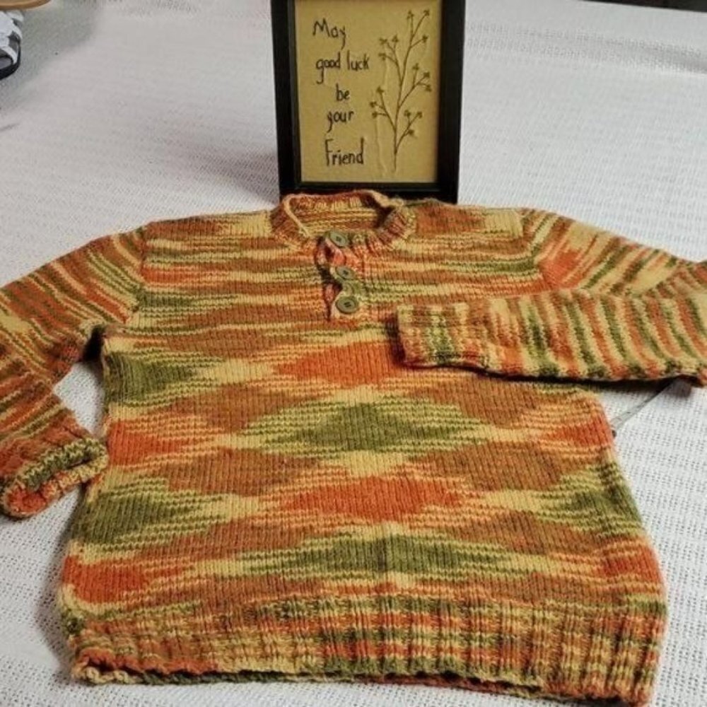 Handmade Fabulous Sz. XL Fall Autumn Colors LS Knitted 3 Button Sweaters